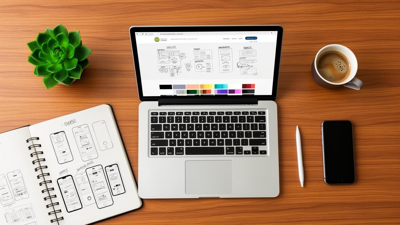 Professional web design workspace with computer and equipment